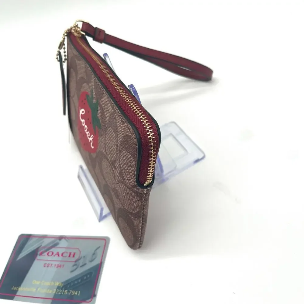 COACH NWT Signature Leather Strawberry Corner Zip Wristlet